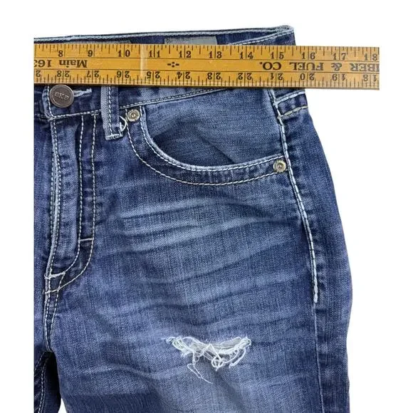 BKE Tyler Denim Jeans Mens 31 X 30 Blue Med Wash Whiskered Bootcut Ripped - Picture 10 of 14